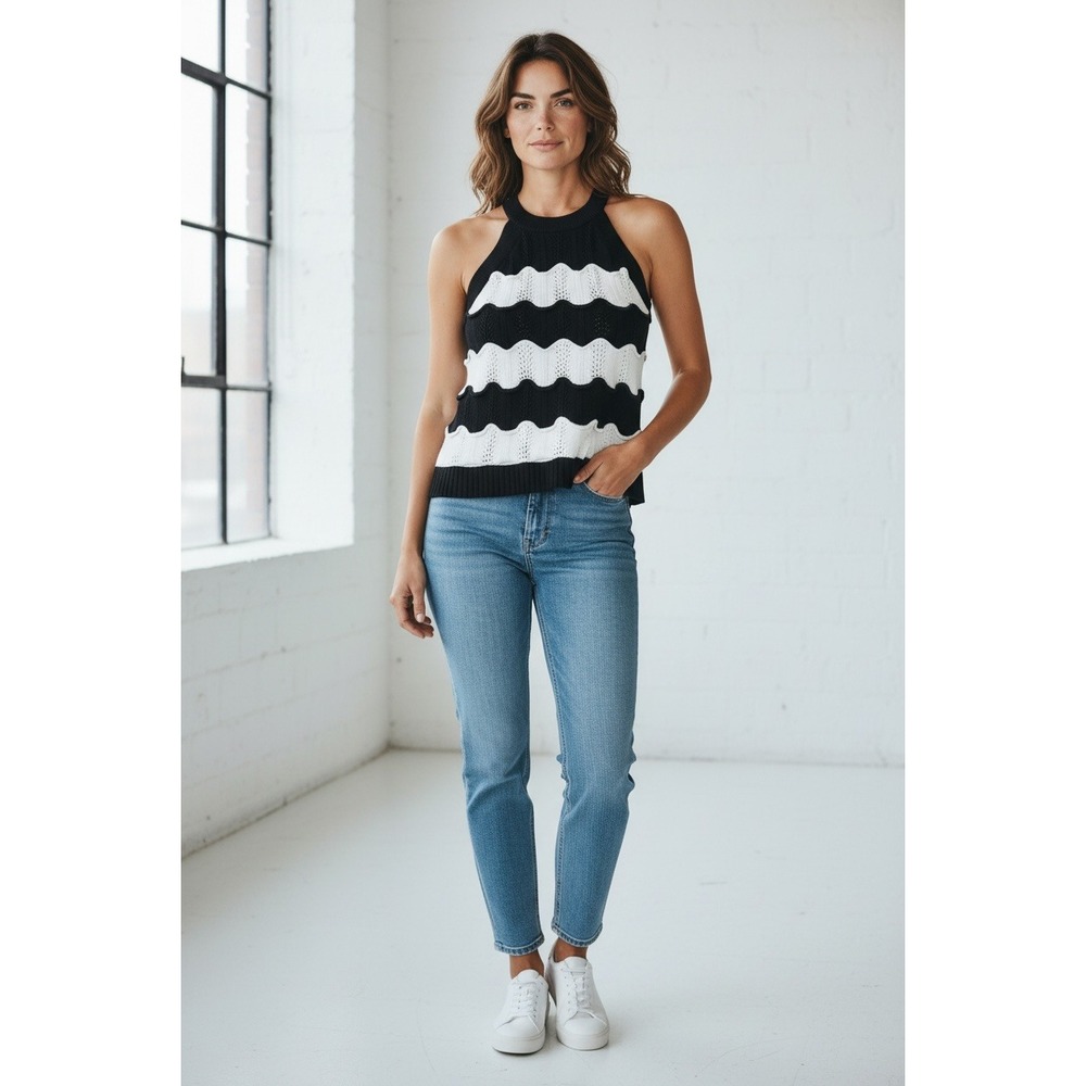 Tommy Hilfiger Black White Zigzag Knit Halter Tank Top‎ Women's Medium